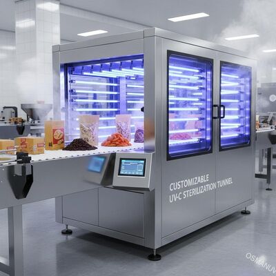 อุโมงค์ฆ่าเชื้อพื้นผิว UV-C ที่ปรับแต่งได้สำหรับสายการผลิตบรรจุภัณฑ์อาหารและผลไม้อบแห้งจำนวนมาก
